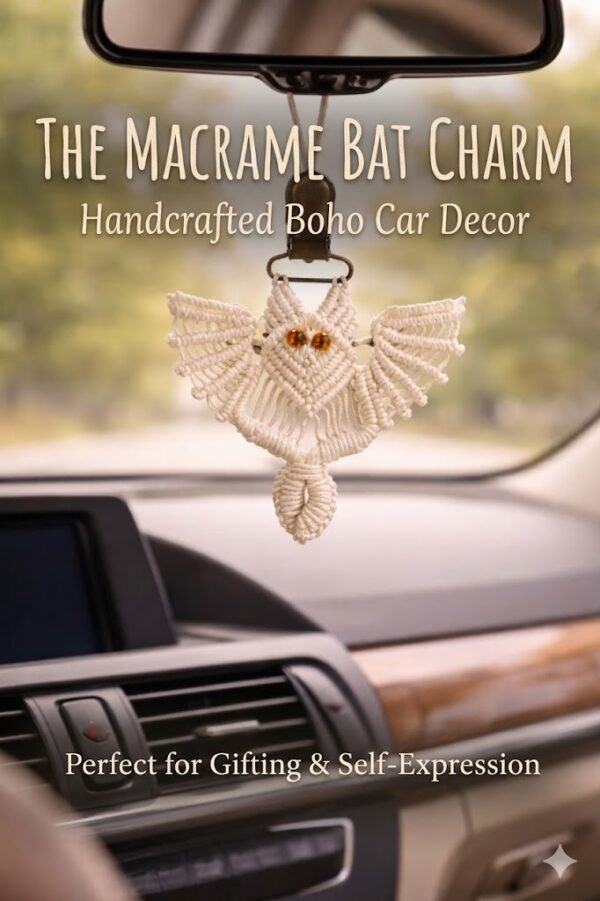 Handmade macrame owl car-charm with bead eyes boho bag charm