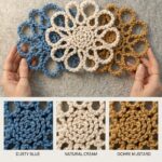 handmade macrame trivet coaster collection in dusty blue natural cream and ochre mustard colors