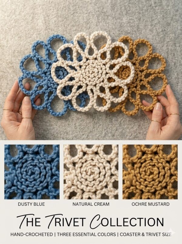 handmade macrame trivet coaster collection in dusty blue natural cream and ochre mustard colors