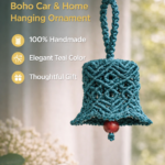 Handmade teal macrame bell hanging with red bead, boho car charm decor