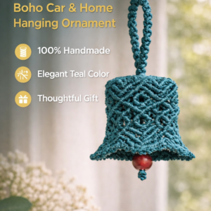 Handmade teal macrame bell hanging with red bead, boho car charm decor