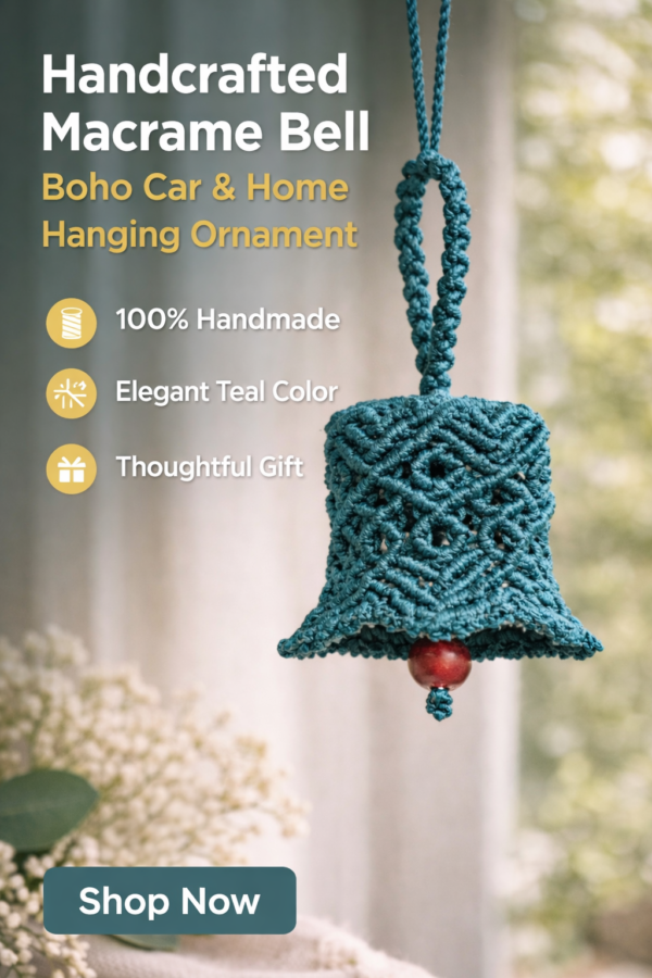 Handmade teal macrame bell hanging with red bead, boho car charm decor
