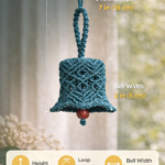Handmade teal macrame bell hanging with red bead, boho car charm decor