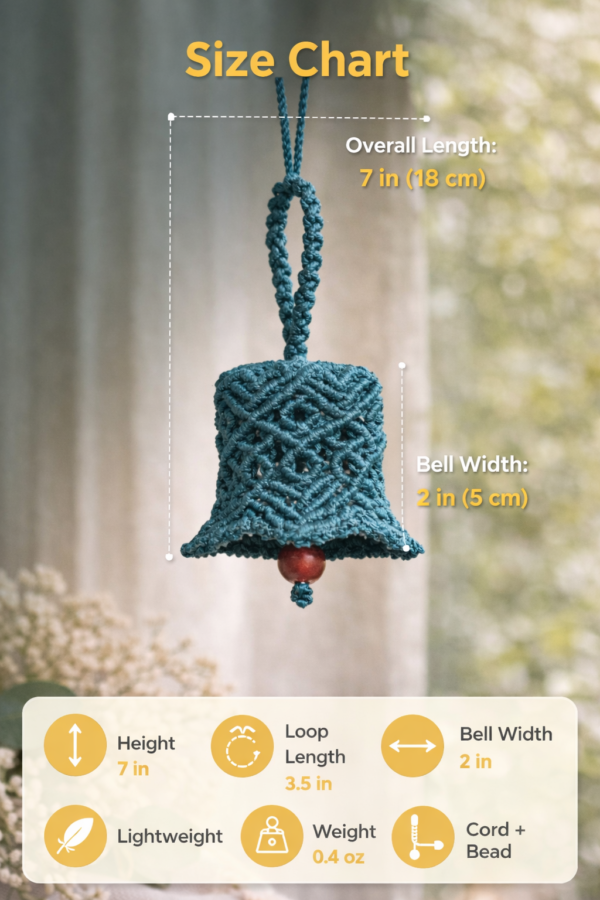 Handmade teal macrame bell hanging with red bead, boho car charm decor