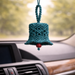 Handmade teal macrame bell hanging with red bead, boho car charm decor