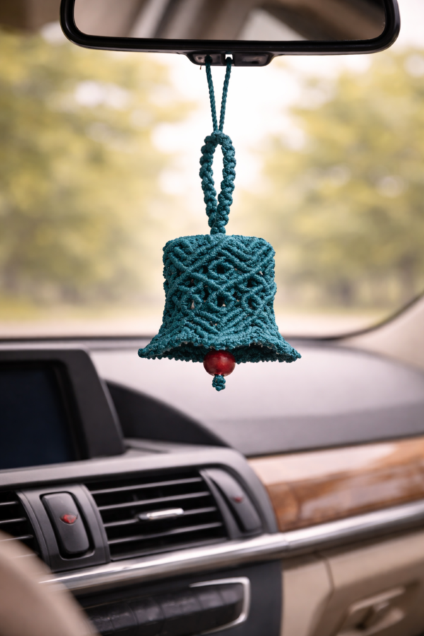 Handmade teal macrame bell hanging with red bead, boho car charm decor