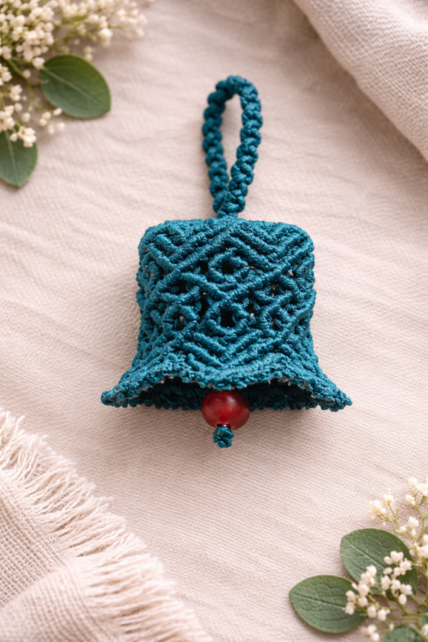 Handmade teal macrame bell hanging with red bead, boho car charm decor